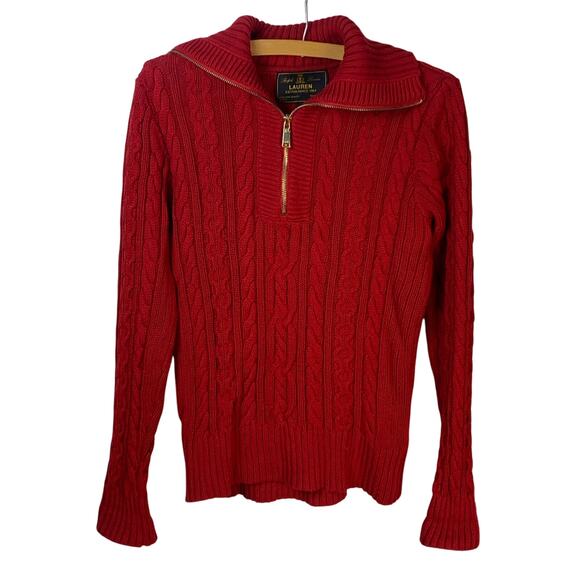 Lauren Ralph Lauren Y2K Red Cotton Cable Knit 1/4 Zip Sweater Size L - Picture 1 of 9